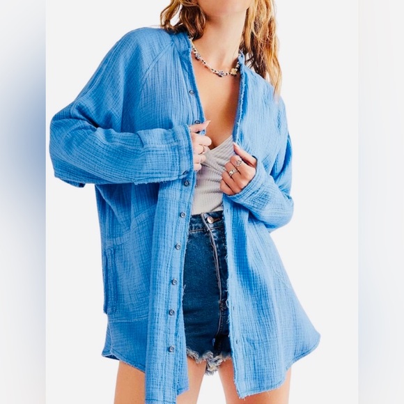 Free People Tops - Free People Summer Dream Blue Button Down Blouse Top XL with side pockets